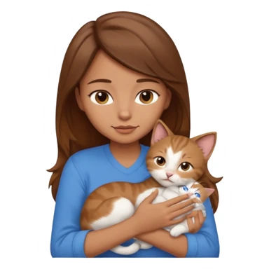 Create an emoji that has a girl wearing a blue shirt and brown hair snuggling a kitten. sticker