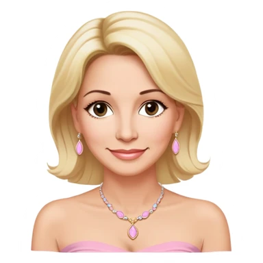 Linette Torres, 50-something Puerto Rican actress with fair complexion, kind-hearted expression, bright caring eyes, soft smile, blonde hair, wearing a light pink strapless top that sits below her shoulders and a simple elegant necklace sticker