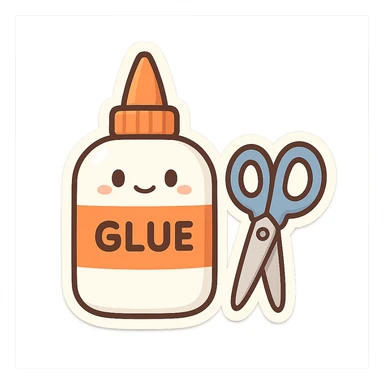 bottle of glue with orange label and tip and a pair of blue scissors, flat toon vector illustration sticker