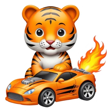 cute tiger holding toy hot wheel car with THE CAR wheels on fire sticker
