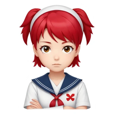 Serious anime girl with short bright red hair wearing Japanese sailor style school uniform, stern expression with arms crossed, focused and determined look sticker