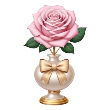 Realistic aesthetic powder pink rose in a pearl vase and a beige bow with gold decoration  sticker