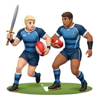 Batalla medieval protagonizada por jugadores y jugadoras de rugby con botas de rugby agarrando armamento y balones sticker