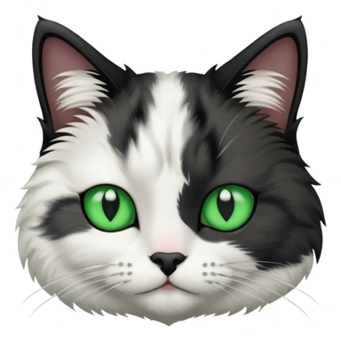 This fluffy cat has a black and white coat with a white face marked by a black patch over the forehead, bright green eyes, and a black nose bridge sticker