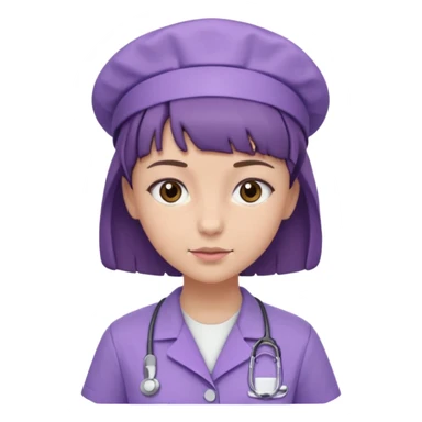 A young female slim nurse with short Brown hair with fringe over her forehead, wearing larvendar purple working cloth, without nurse cap sticker