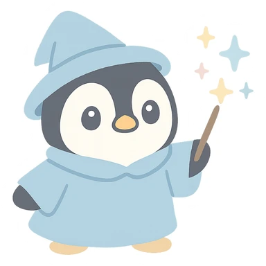 penguin wizard casting a spell, sparkles, blue robe, whimsical sticker
