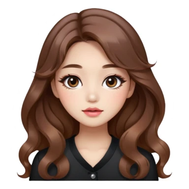“korean brown hair Emoji girl, soft eyeliner and blush, gradient lips, light brown shimmer eyeshadow, sparkly aegyo-sal, long wavy hair,  sticker