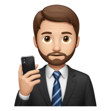 Escribano hombre con un poco de barba,  de traje con tez clara pelo color castaño, vestido con traje camisa y corbata y celular en mano .  sticker