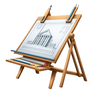 Sleek icon for Architecture: engineer's drawing board with 3D model of the building,  pencil, architect's easel, rulers and protractor. Transparent background. sticker