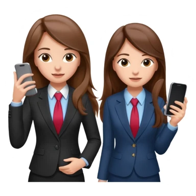 two brown haired girls, looking professional maybe leaned back on back and looking forward and using phones, with longer hair and with some cute clothes sticker