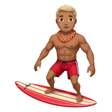 Dark muscular 45 year old man with red shorts and shell lei surfing sticker