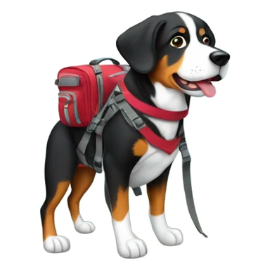 A greater Swiss mountain dog hiking up a cliff with her own doggy backpack sticker