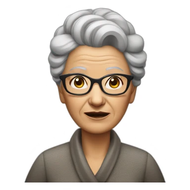 An elderly woman with raised eyebrows and a dissatisfied face. She has dark hair that is pulled back into a bun, and she also wears cat-like glasses. sticker
