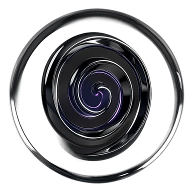 clear sphere with a reflective chrome spiral at its center, glowing purple and emitting a faint light, in chrome style sticker