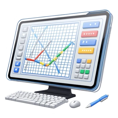 Professional icon for Game Design: a computer screen with a game interface, 3D models, pixel art, wireframe, and design tools like a grid and stylus. The icon should represent the technical and creative aspects of game development. Transparent background. sticker