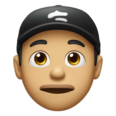 lip bite, squinting eyes, raised eyebrows, rubbing hands together, black cap sticker