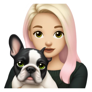 Dirty blonde girl with dark green eyes in black sweater cuddling with her pied french bulldog who has black head with white line between eyes and pink harness sticker
