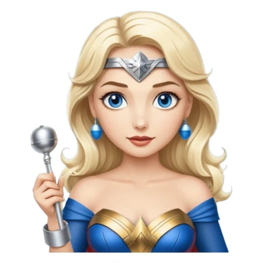 Blonde blue eyes Wonder Woman holding bell and short white orchestra conductor’s baton  sticker