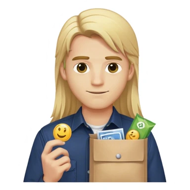 Guy with long straight blonde hair and navy button up holding a packet sticker
