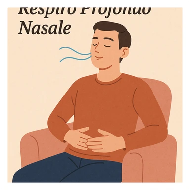 person sitting relaxed with hands on abdomen practicing deep nasal breathing, caption in Italian sticker
