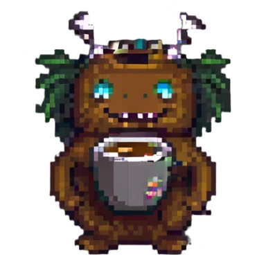 a coffee monster, pixel art style sticker