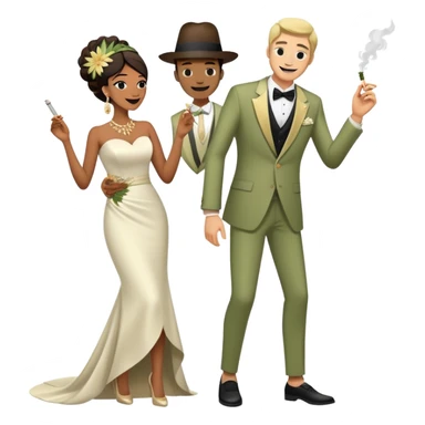 Full body view of person in fancy clothes sneaking into a wedding ceremony with a mischievous grin, uninvited guest, smoking cannabis sticker