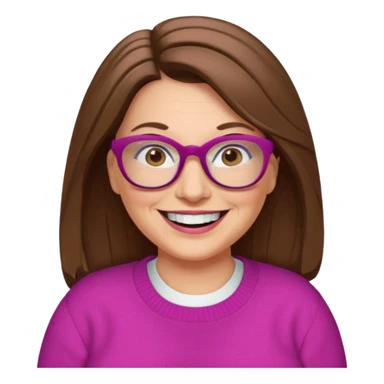50 yr Caucasian woman, long brown hair parted on side, brown eyes, glasses, big smile, white teeth, fuscia sweater, chubby sticker