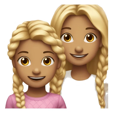 An emoji of a blonde mother with very long hair and a cheerful expression, standing next to her 3-year-old daughter, a small girl with black hair styled in two braids, both smiling happily together sticker
