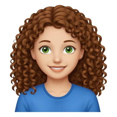 girl with brown hair, green eyes with a blue shirt no background ,young with curly hair smileing long hair sticker