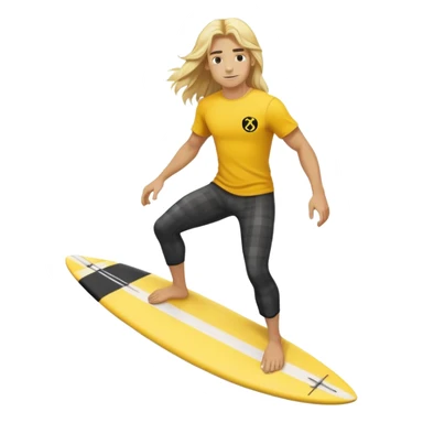 Surfer with long blond hair, yellow t-shirt with black check symbol, black pants. On a yellow and white board sticker
