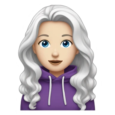 girl with blue eyes and white skin and long wavy dark brown hair with high aristocratic cheekbones in a purple hoodie sticker