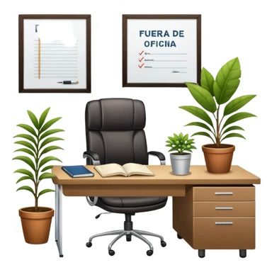 imagen de una oficina moderna con escritorio, silla, notebook, agenda y una planta con un cartel que diga en español FUERA DE OFICINA sticker
