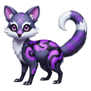 Obsidian-onyx-black fur base coat with glowing-neon-purple markings and patterns, shiny blind glossy hollow eyes, magical fantasy-Genet-Absol-Marsupial-Possum-Vernid-Sergal-Fakémon-hybrid, by LiLaiRa-griffsnuff, full body sticker