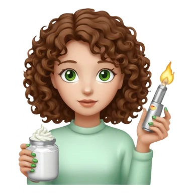 Girl with curly hair and green eyes holding a jar of icing and a lighter sticker