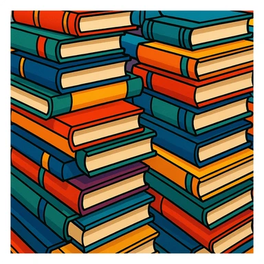 many stacked books, illustrative style, detailed, artistic sticker