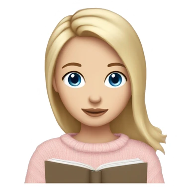 Pretty blue eyed white girl with light pink sweater and dark blonde hair reading cozy sticker