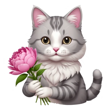 Cute cat Handing pink peonies like reaching a hand and handing them out a bouquet of them not a physical hand the cats hand  make the cat fluffy and grey and white fluffier make the cat wear a pink coquette sticker