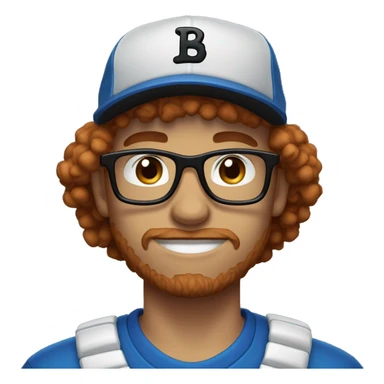 30 years old, male, red hair, curly hair, glasses, black baseball hat, blue eyes, pale complexion, stubble facial hair sticker