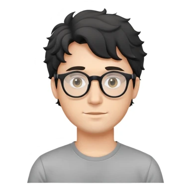 Young caucasian man with black wavy hair, round glasses, wearing a grey t-shirt sticker