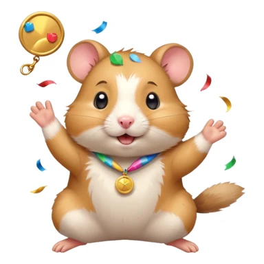 Cute cartoon-style hamster throwing confetti, holding a tiny medal, joyful expression. Painterly shading, white background, sticker-style illustration sticker