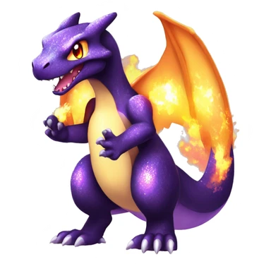 Black shiny sparkly chibi Charizard-Raptor-Fakémon with purple flame on tail full body sticker