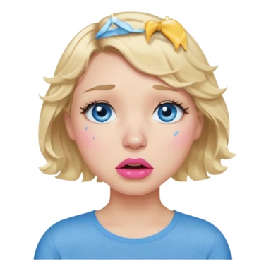 Girl Blonde short wavy hair,  blue eyes, cute blue top, long lashes, pink lips,crying with big tears running down the face  sticker