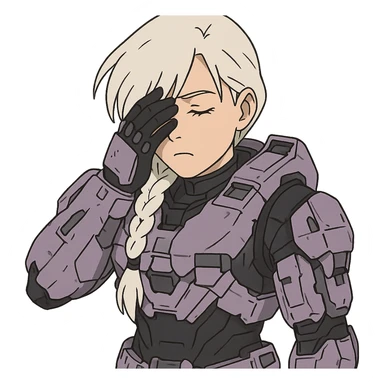 female, wearing reach spartan armor shoulder-unequip, long white braid hair with massive messy front side single bangs, gold yellow eyes, attention pose, HALO:series, no helmet, the armor is lavender color scheme, facepalm, smh, eyes closed sticker