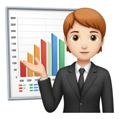 person presenting in front of a simple chart or graph, wearing a blazer and a confident posture sticker