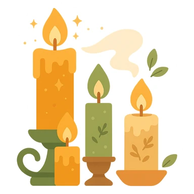 Several cute, glowing candles with flickering flames, set in a cozy and magical atmosphere, designed in a soft color palette: golden orange (FA9B41), deep forest green (4A7C5C), warm taupe brown (96775A), and pastel peach (FFCC9A). The candles are in delicate, slightly vintage holders, with the flames casting a gentle, warm glow. The wax is in shades of golden orange and peach, with subtle gradients, and small decorative patterns or tiny sparkles around them. The soft light from the candles creates a dreamy, enchanting ambiance, surrounded by tiny floating leaves or soft mist. The overall mood is serene, inviting, and magical. sticker