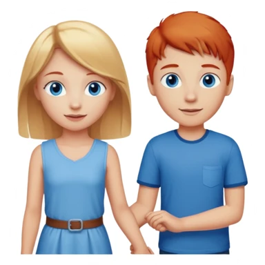 blonde haired young girl with blue eyes holding hands happily with a red headed boy with blue eyes sticker