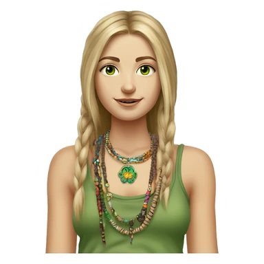 Caucasian hippie girl with straight dirty blonde hair, green eyes, baggy colorful pants and a tank top, LOTS OF bohemian bracelets and jewelry portrait sticker