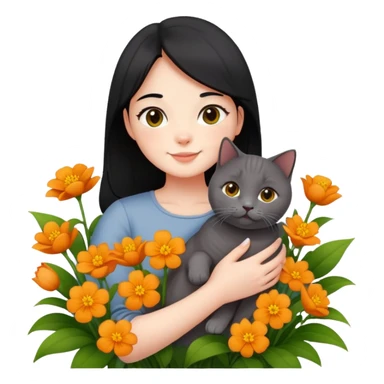 A black-haired girl happily holds a Ginger British Shorthair Cat in the flowers sticker