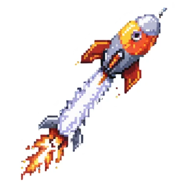 A pixel art rocket launching upward with fire and smoke trail sticker