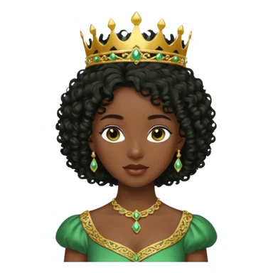 balck princess with black curly hair and a golden tiara. Green dress sticker